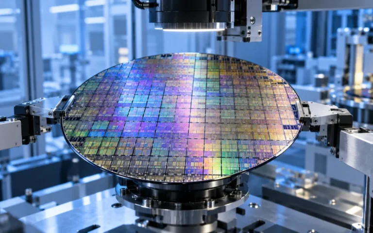 Illustrazione di un wafer di silicio in una stazione robotica di ispezione dei semiconduttori