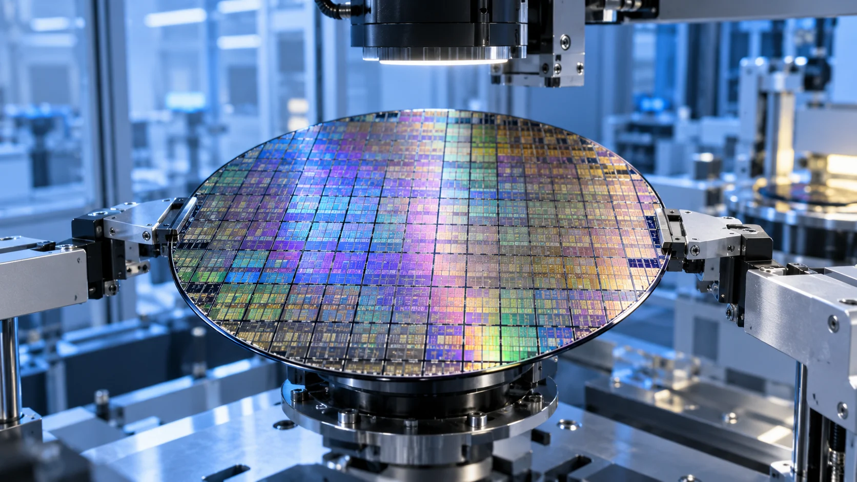 Illustrazione di un wafer di silicio in una stazione robotica di ispezione dei semiconduttori