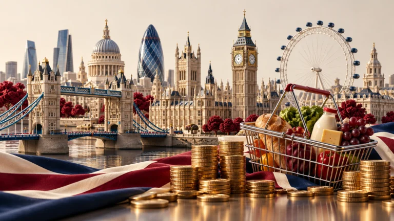 Modello del panorama di Londra con cestino della spesa e monete, simboli di inflazione e consumi britannici