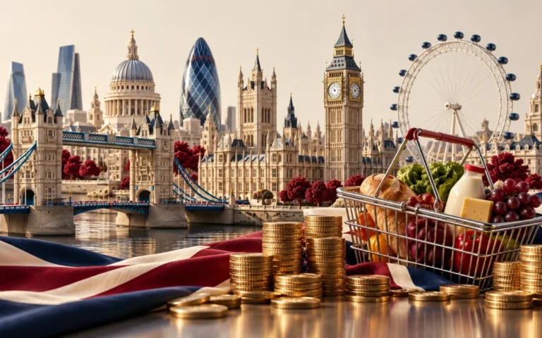 Modello del panorama di Londra con cestino della spesa e monete, simboli di inflazione e consumi britannici