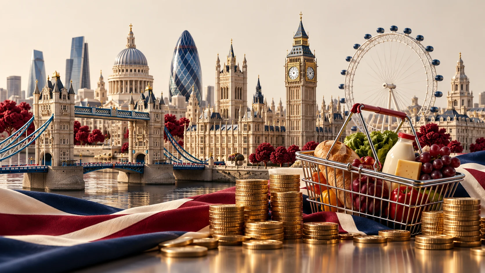 Modello del panorama di Londra con cestino della spesa e monete, simboli di inflazione e consumi britannici