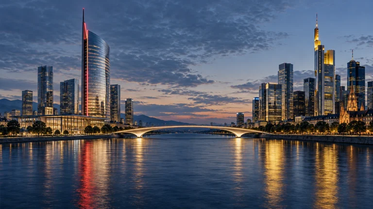 Illustrazione di due centri finanziari collegati da un ponte luminoso, simbolo dell’operazione UniCredit-Commerzbank