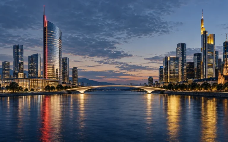 Illustrazione di due centri finanziari collegati da un ponte luminoso, simbolo dell’operazione UniCredit-Commerzbank