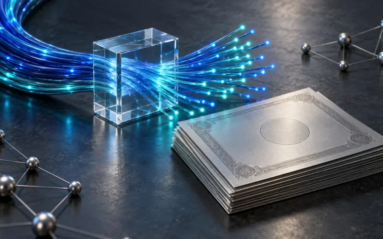 Illustrazione generata con IA: fasci di fibra ottica attraversano un nodo di vetro accanto a certificati azionari simbolici.