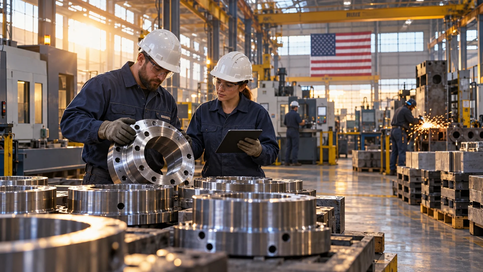 Illustrazione generata con IA: lavoratori in una fabbrica americana, in attesa dei dati sull’occupazione.