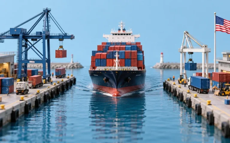 Illustrazione di una nave portacontainer in un porto statunitense, simbolo degli scambi commerciali