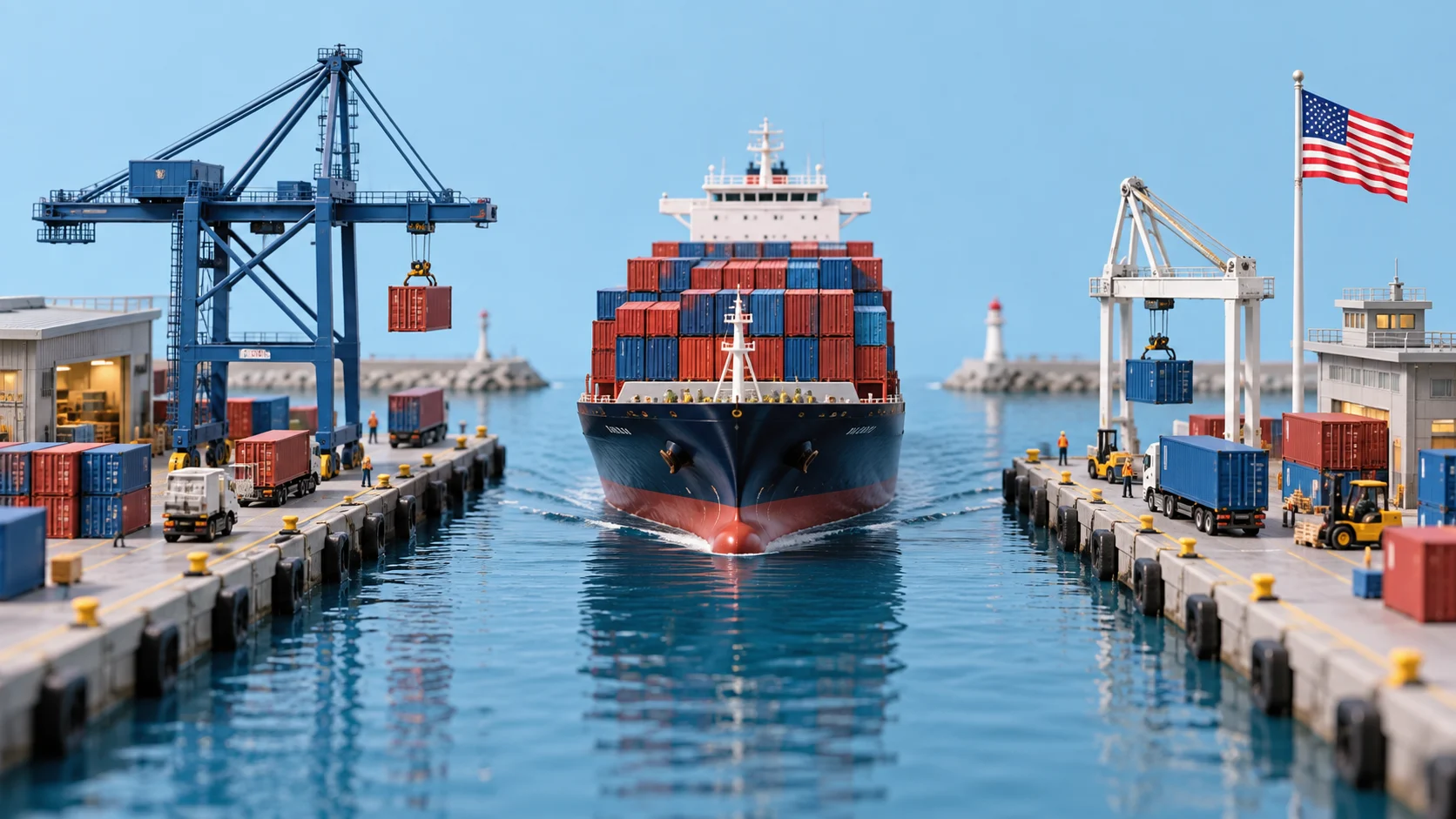 Illustrazione di una nave portacontainer in un porto statunitense, simbolo degli scambi commerciali