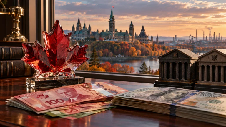 Banconote canadesi e statunitensi accanto a una foglia d’acero in vetro, con Ottawa sullo sfondo.