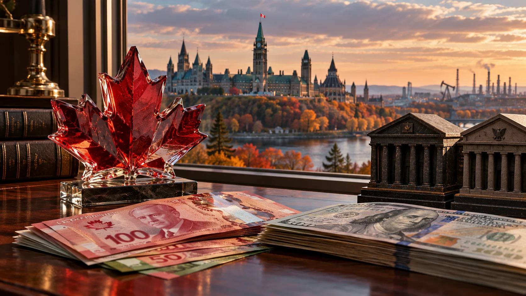 Banconote canadesi e statunitensi accanto a una foglia d’acero in vetro, con Ottawa sullo sfondo.