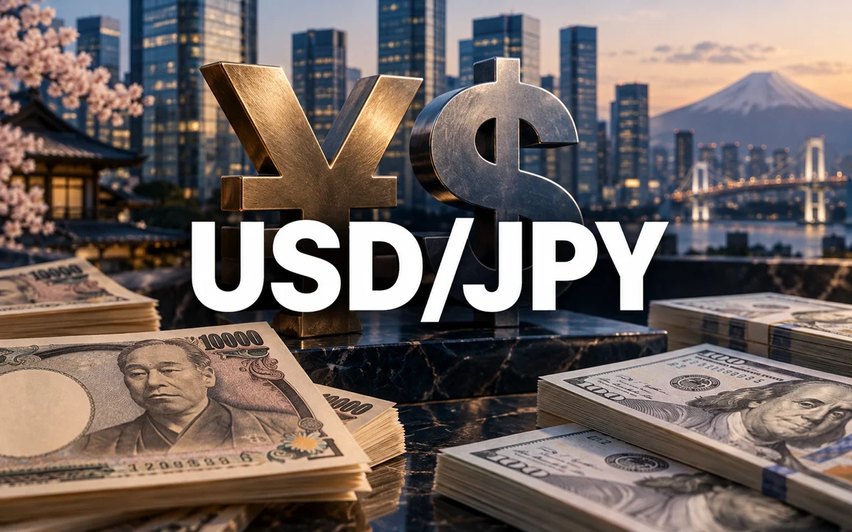 Banconote di yen e dollari con la scritta USD/JPY, illustrazione del confronto monetario fra Giappone e Stati Uniti.