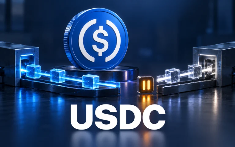 Moneta simbolica USDC con percorsi digitali e indicatore di pausa, illustrazione dei ritardi nei trasferimenti fra blockchain.