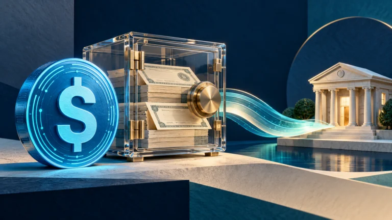 Illustrazione di un token digitale in dollari collegato a una cassaforte e titoli di riserva
