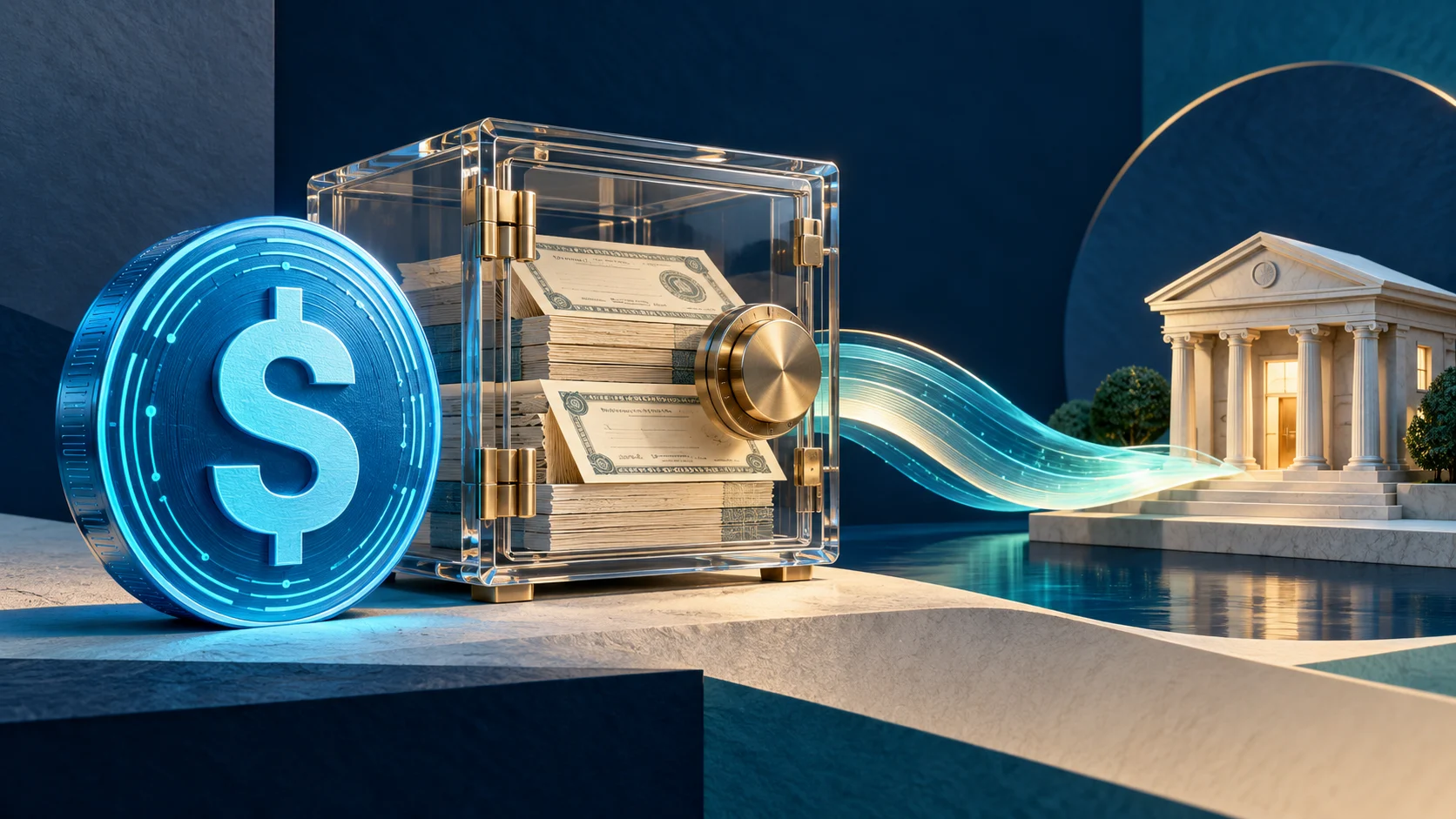Illustrazione di un token digitale in dollari collegato a una cassaforte e titoli di riserva