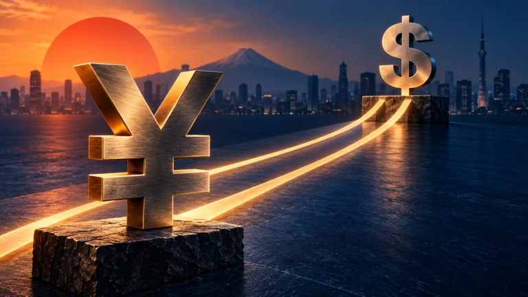 Simboli dello yen e del dollaro con due linee luminose convergenti e Tokyo sullo sfondo.