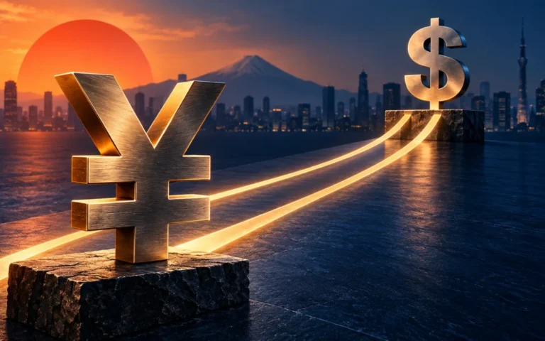 Simboli dello yen e del dollaro con due linee luminose convergenti e Tokyo sullo sfondo.