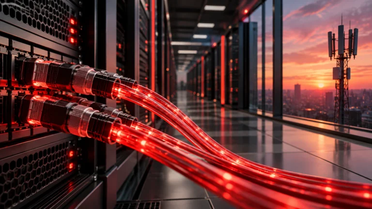 Illustrazione di connessioni in fibra ottica rosse, server e antenna per la rete Verizon e le infrastrutture AI