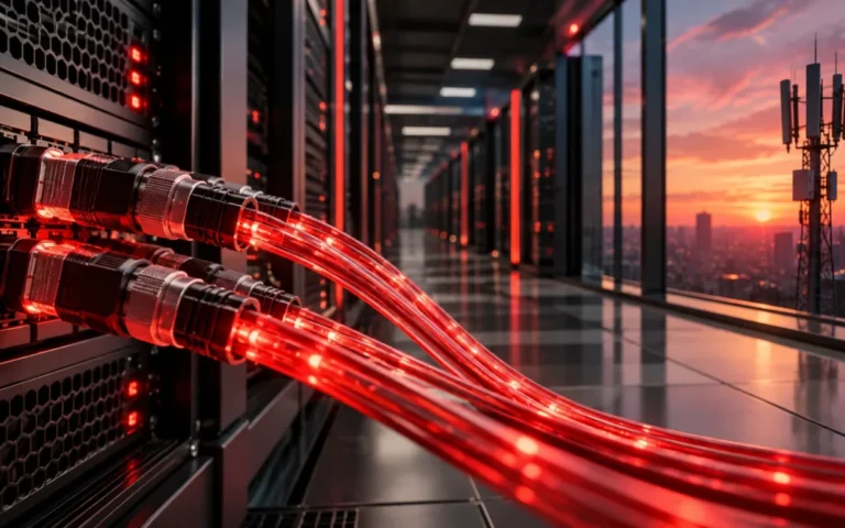 Illustrazione di connessioni in fibra ottica rosse, server e antenna per la rete Verizon e le infrastrutture AI