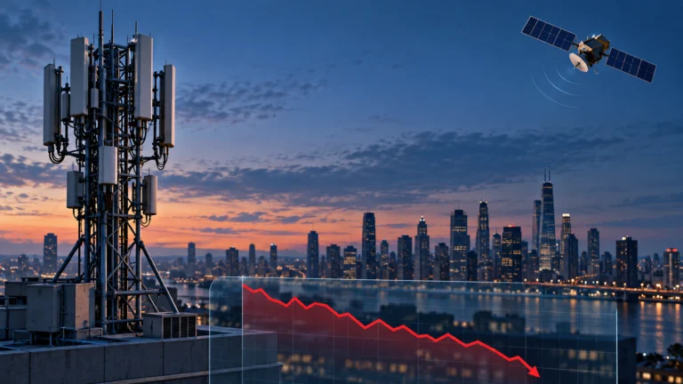 Illustrazione di un’antenna cellulare e un satellite sopra una città, con un grafico azionario in discesa