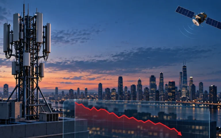 Illustrazione di un’antenna cellulare e un satellite sopra una città, con un grafico azionario in discesa