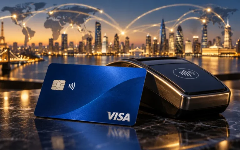 Carta Visa e terminale di pagamento davanti a uno skyline illuminato