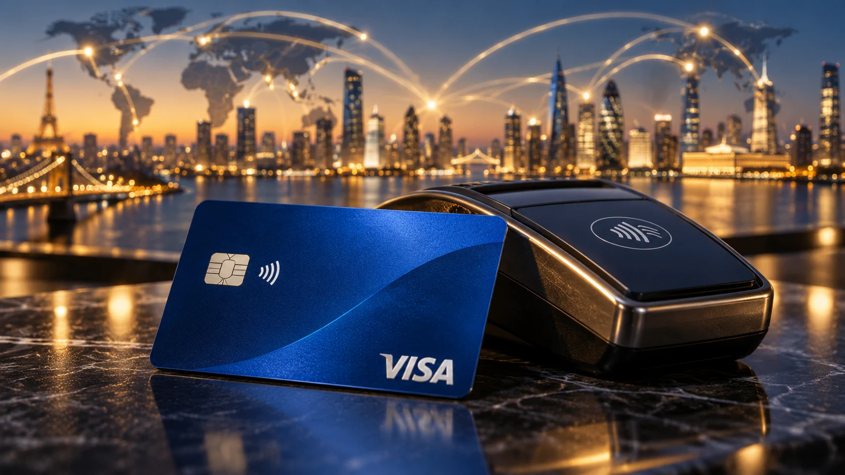 Carta Visa e terminale di pagamento davanti a uno skyline illuminato
