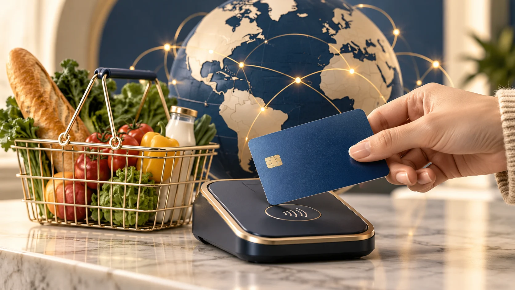 Illustrazione di una carta su un terminale contactless accanto a un cestino della spesa e a un globo
