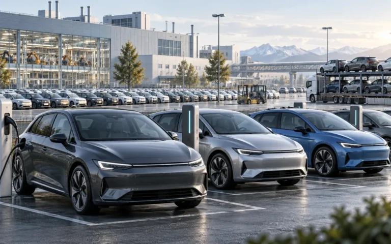 Illustrazione di auto elettriche in un piazzale logistico automobilistico europeo