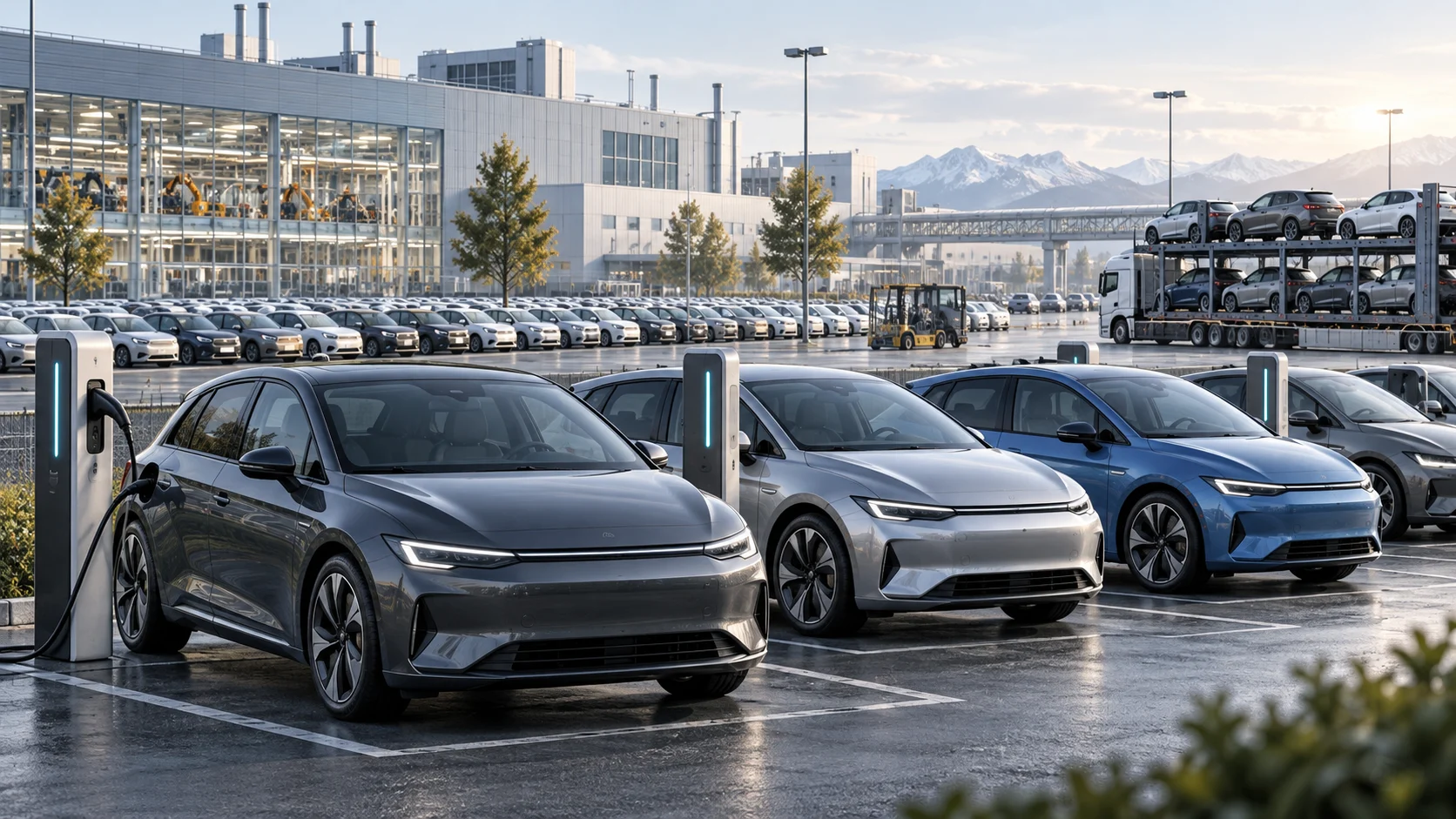 Illustrazione di auto elettriche in un piazzale logistico automobilistico europeo
