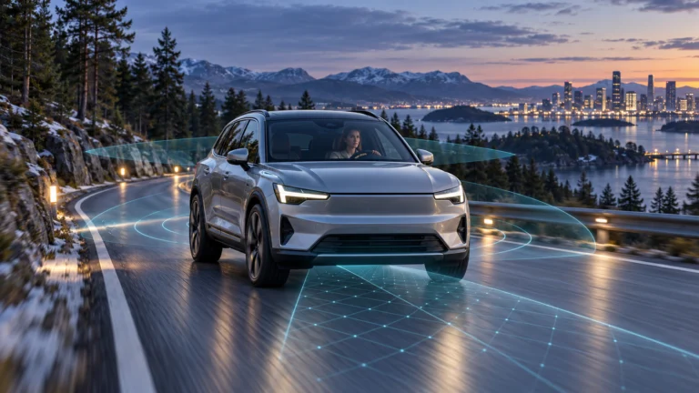 Illustrazione di un crossover elettrico con conducente e visualizzazione dei sensori su una strada nordica