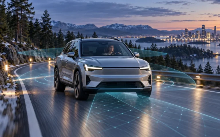 Illustrazione di un crossover elettrico con conducente e visualizzazione dei sensori su una strada nordica