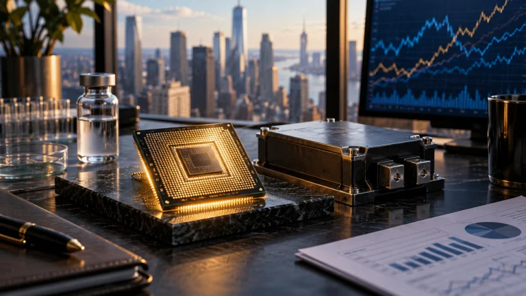 Illustrazione generata con IA: chip, modulo elettronico e flacone farmaceutico davanti a uno schermo di mercato e al panorama di Manhattan.