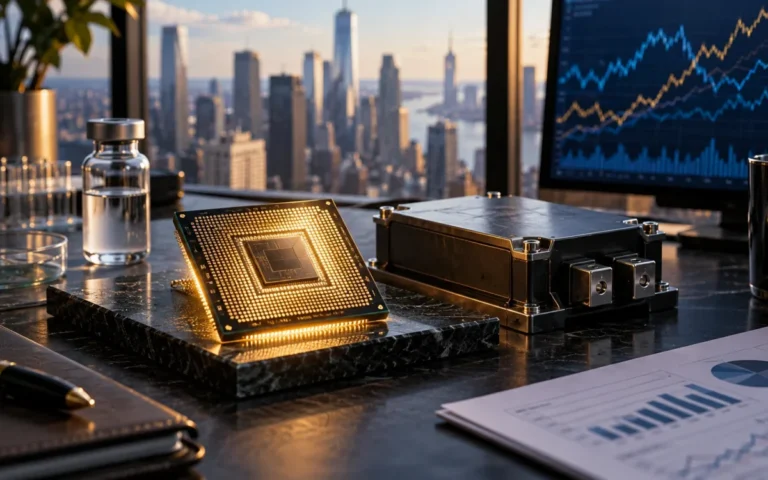 Illustrazione generata con IA: chip, modulo elettronico e flacone farmaceutico davanti a uno schermo di mercato e al panorama di Manhattan.