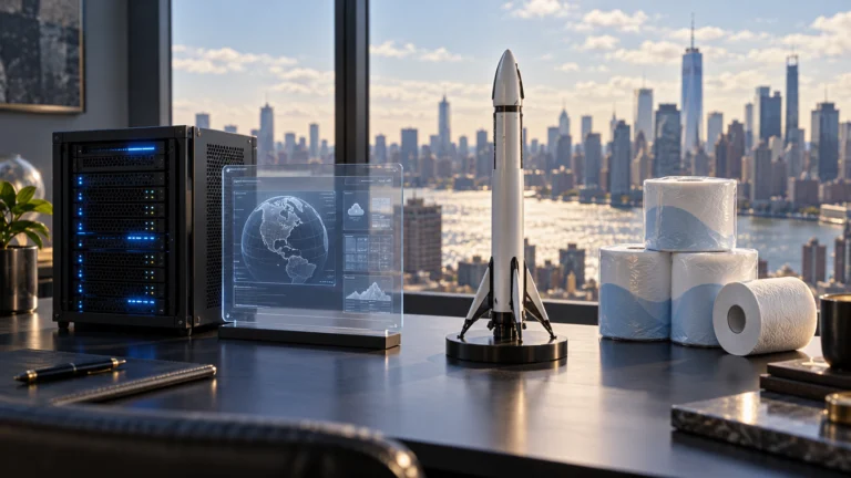 Server, interfaccia software, modello di razzo e prodotti di carta davanti allo skyline di New York