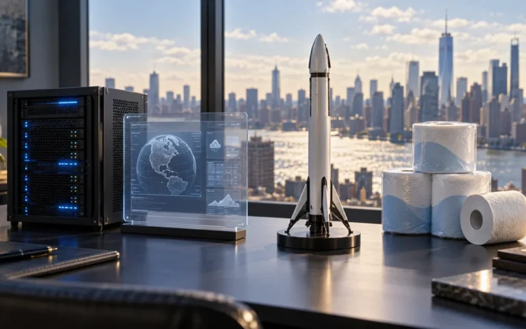 Server, interfaccia software, modello di razzo e prodotti di carta davanti allo skyline di New York