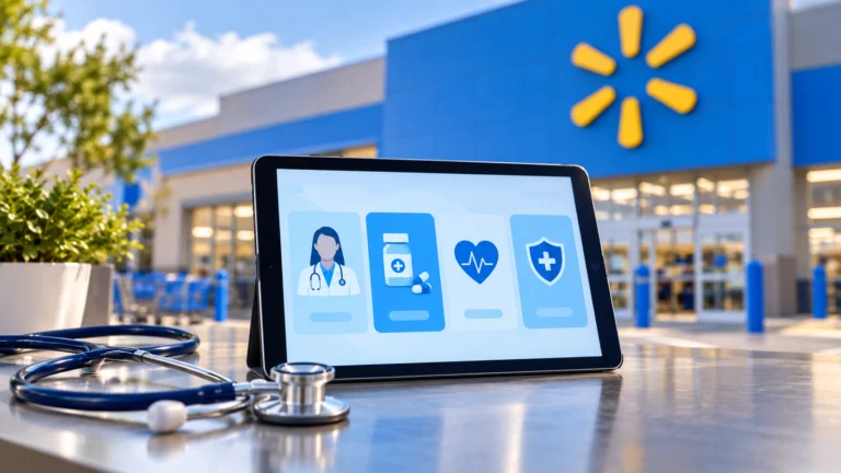 Tablet con simboli di servizi sanitari e stetoscopio davanti a un negozio Walmart, illustrazione editoriale