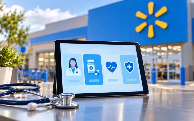 Tablet con simboli di servizi sanitari e stetoscopio davanti a un negozio Walmart, illustrazione editoriale
