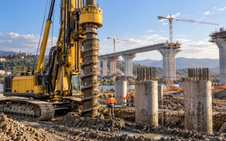 Illustrazione generata con IA: macchina per fondazioni profonde e pali in un cantiere infrastrutturale, con un viadotto in costruzione.