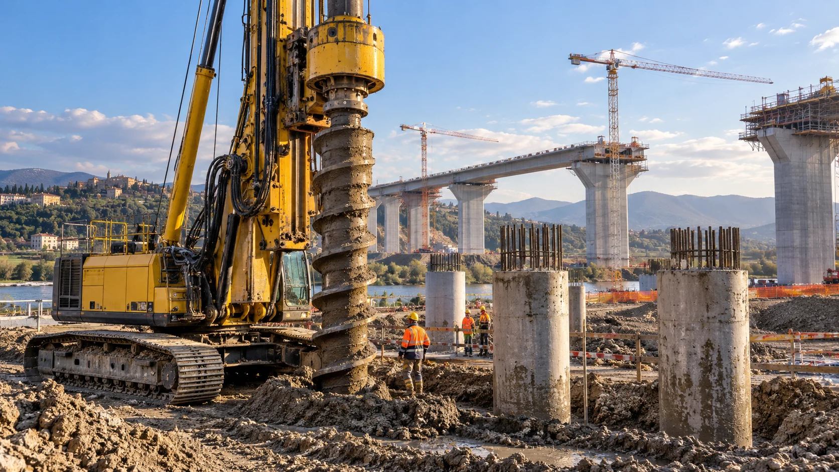 Illustrazione generata con IA: macchina per fondazioni profonde e pali in un cantiere infrastrutturale, con un viadotto in costruzione.