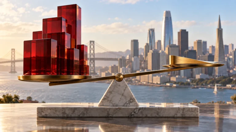 Illustrazione generata con IA: bilancia simbolica fra crescita delle attività bancarie e margine, con San Francisco sullo sfondo.