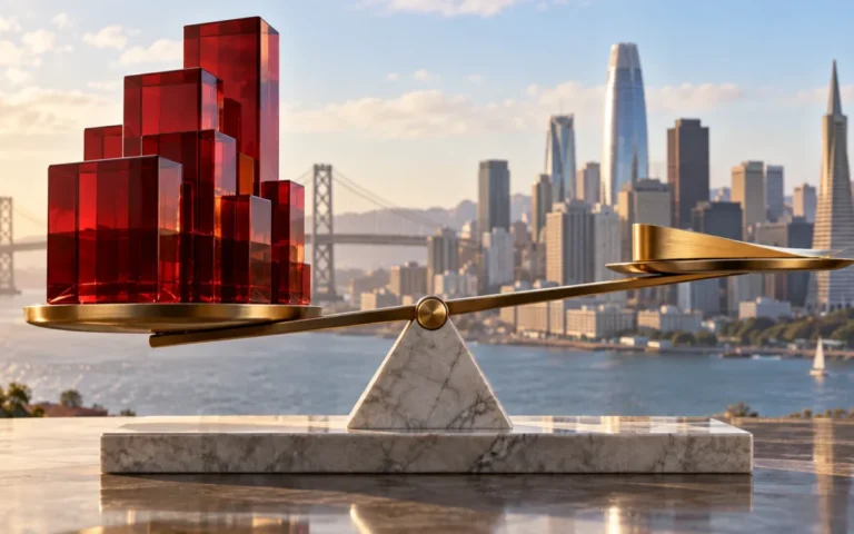 Illustrazione generata con IA: bilancia simbolica fra crescita delle attività bancarie e margine, con San Francisco sullo sfondo.