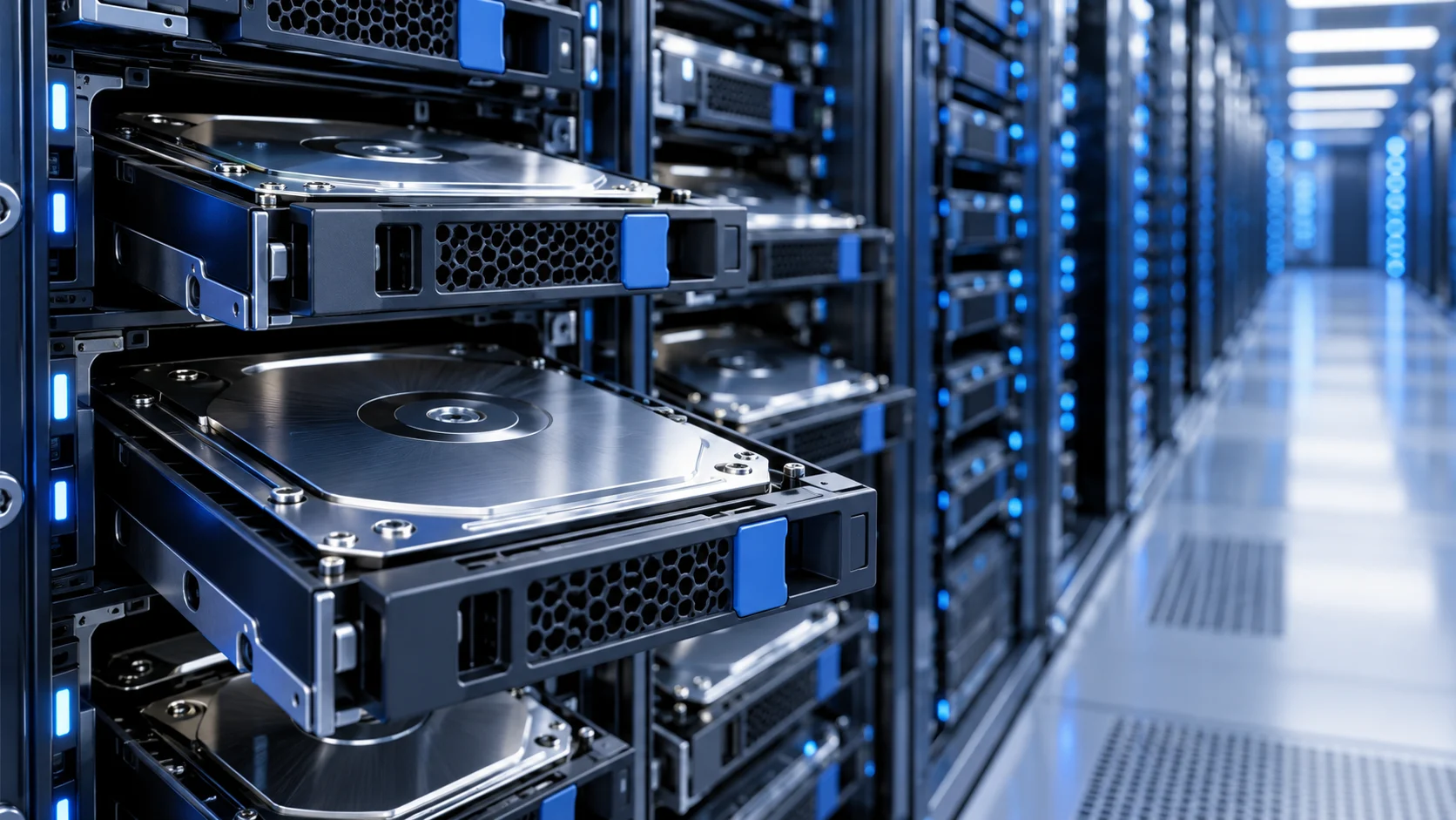 Dischi di archiviazione per server in un moderno data center illuminato di blu