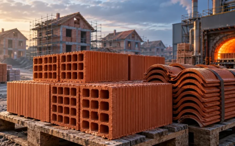 Illustrazione di mattoni e tegole davanti a un cantiere residenziale e a un forno industriale.