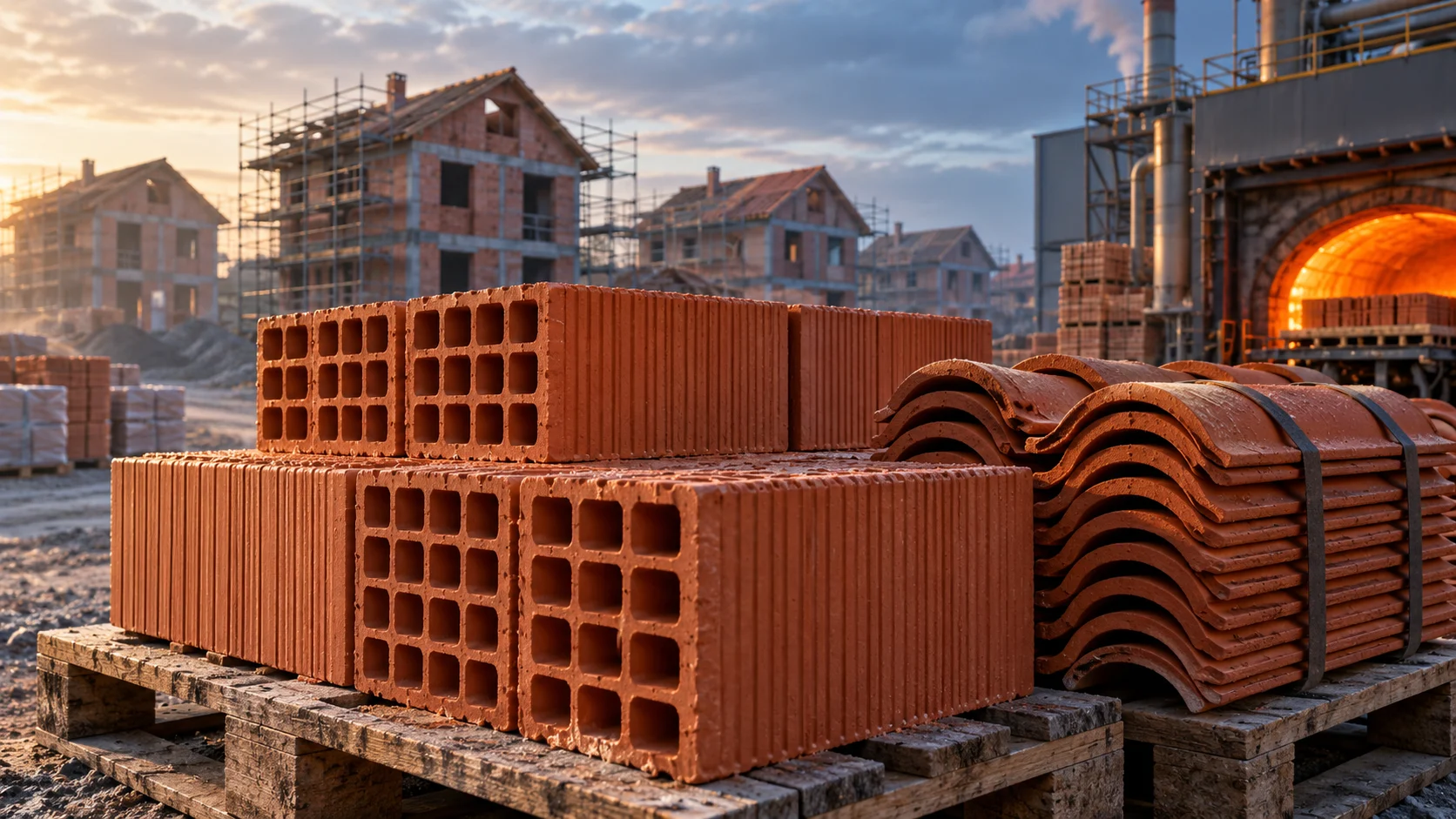 Illustrazione di mattoni e tegole davanti a un cantiere residenziale e a un forno industriale.