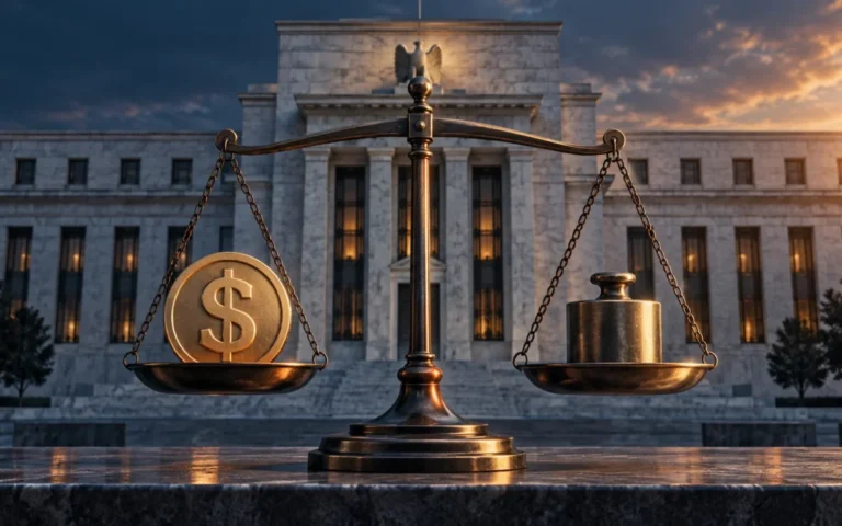 Illustrazione di una bilancia con una moneta simbolica del dollaro davanti a un edificio di banca centrale.