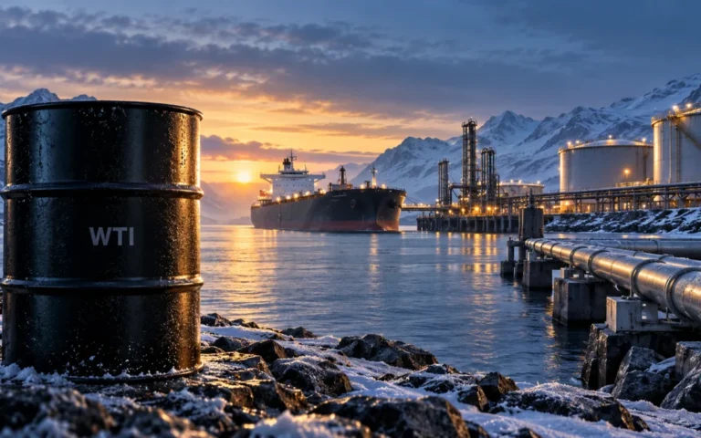 Illustrazione di un barile WTI davanti a una petroliera e a un terminale petrolifero