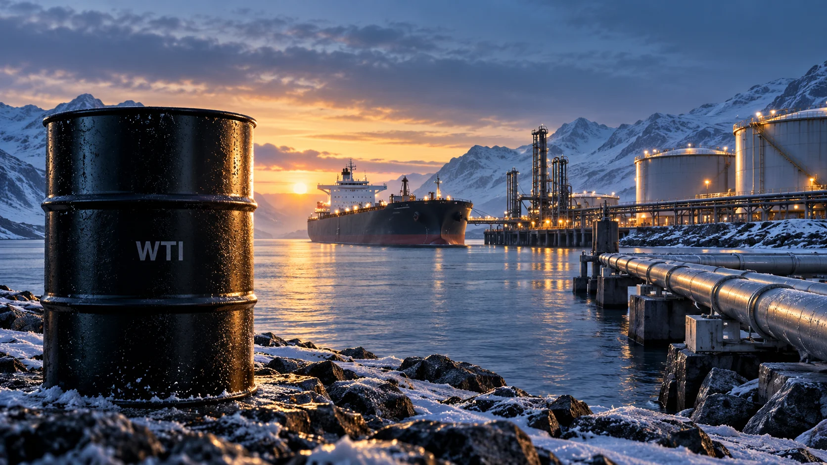 Illustrazione di un barile WTI davanti a una petroliera e a un terminale petrolifero