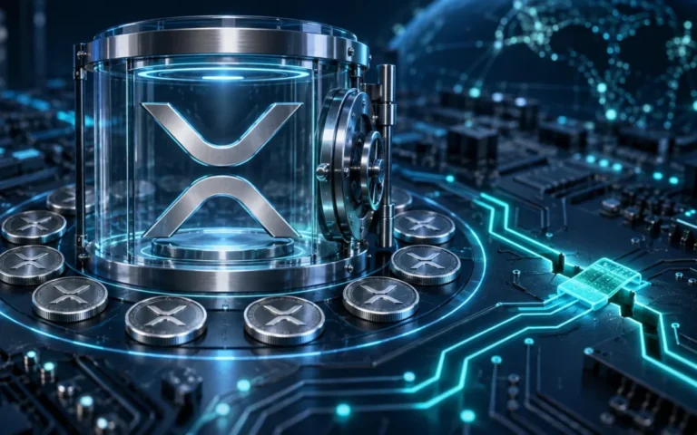 Illustrazione del simbolo XRP in una cassaforte digitale e di un circuito riparato