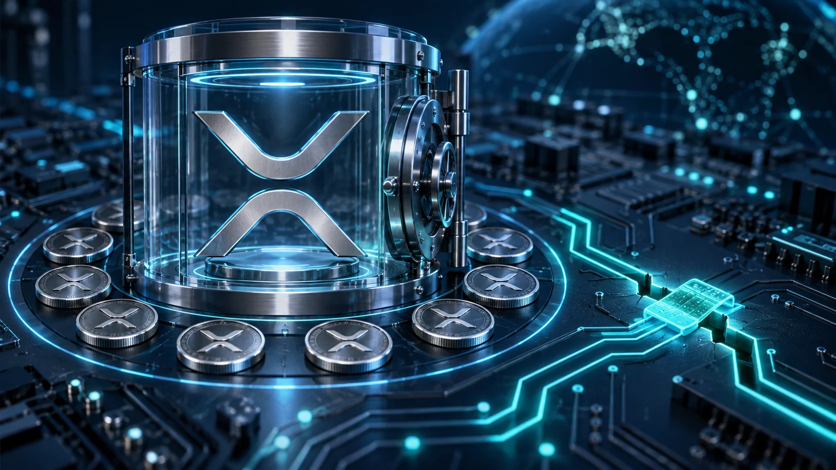 Illustrazione del simbolo XRP in una cassaforte digitale e di un circuito riparato
