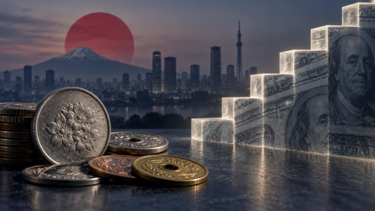 Illustrazione generata con IA: monete yen davanti a Tokyo e gradini rivestiti di dollari, simbolo dei rendimenti statunitensi.