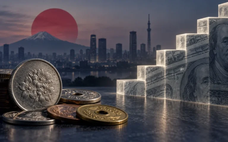 Illustrazione generata con IA: monete yen davanti a Tokyo e gradini rivestiti di dollari, simbolo dei rendimenti statunitensi.